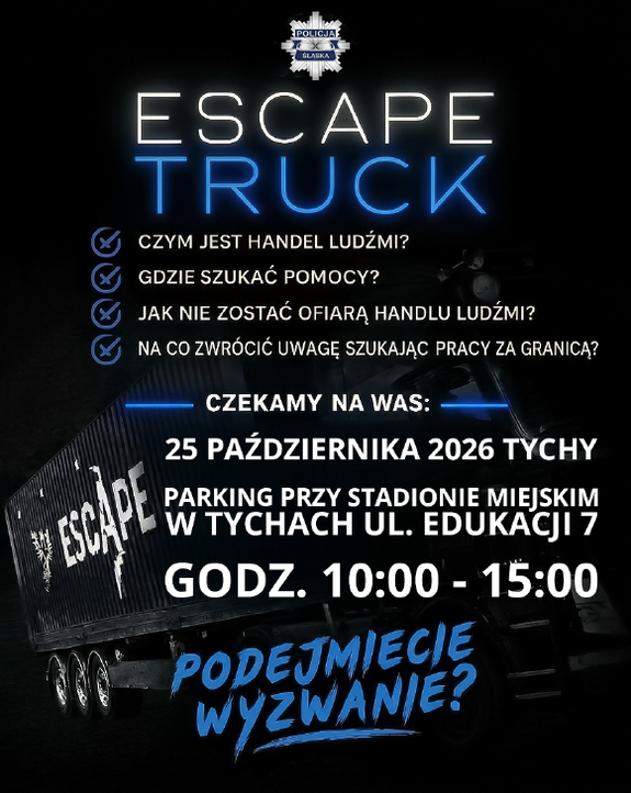 Plakat z informacjami dotyczącymi miejsca i czasu przedsięwzięcia EscapeTruck. Na plakacie widoczna jest grafika naczepy samochodu ciężarowego oraz pytania dotyczące handlu ludźmi.